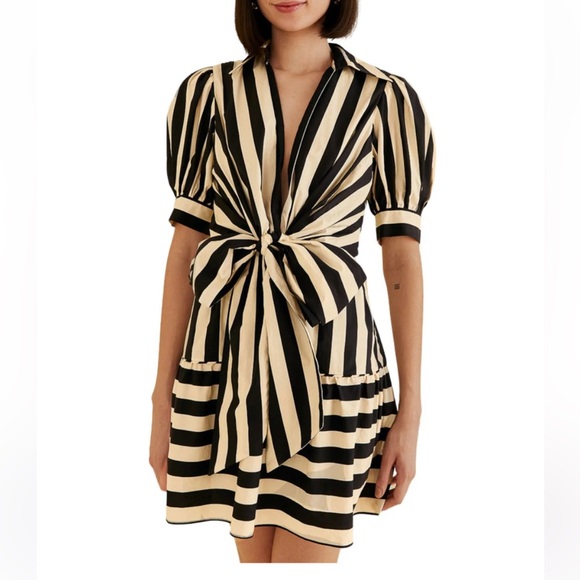 FARM Rio Black and Cream Striped Mini Dress with Front Tie - Picture 5 of 11